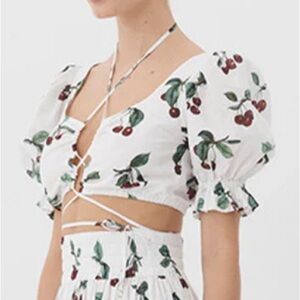Cherry Print Cotton Puff-Sleeve Crop Top- White/Red EU40 US 4-6 Sm NEW